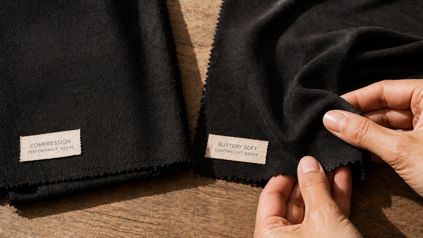 Weighing fabric swatches in the lab — composition and GSM are specified together