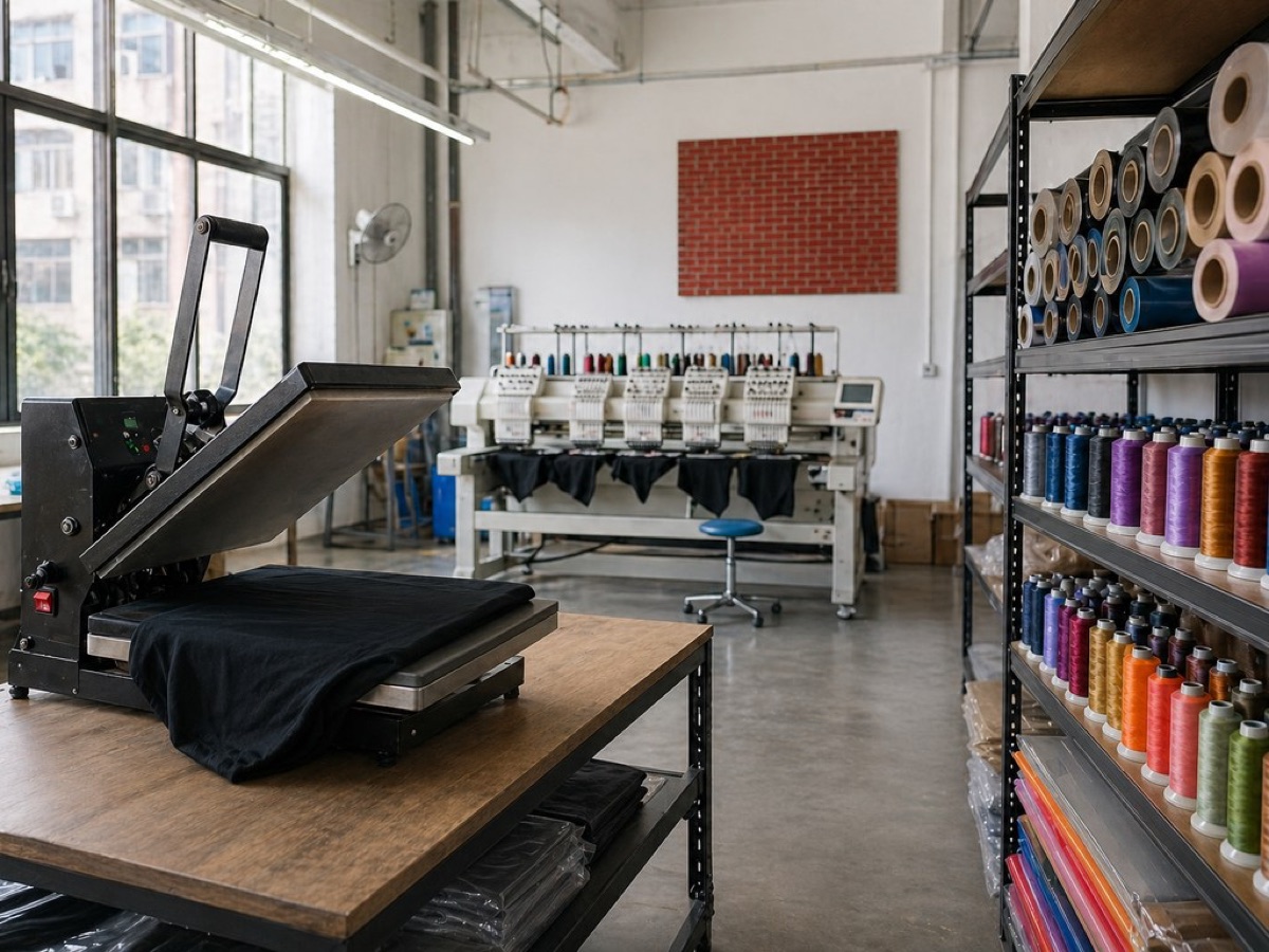 Heat press and embroidery stations in the Yesseam print room