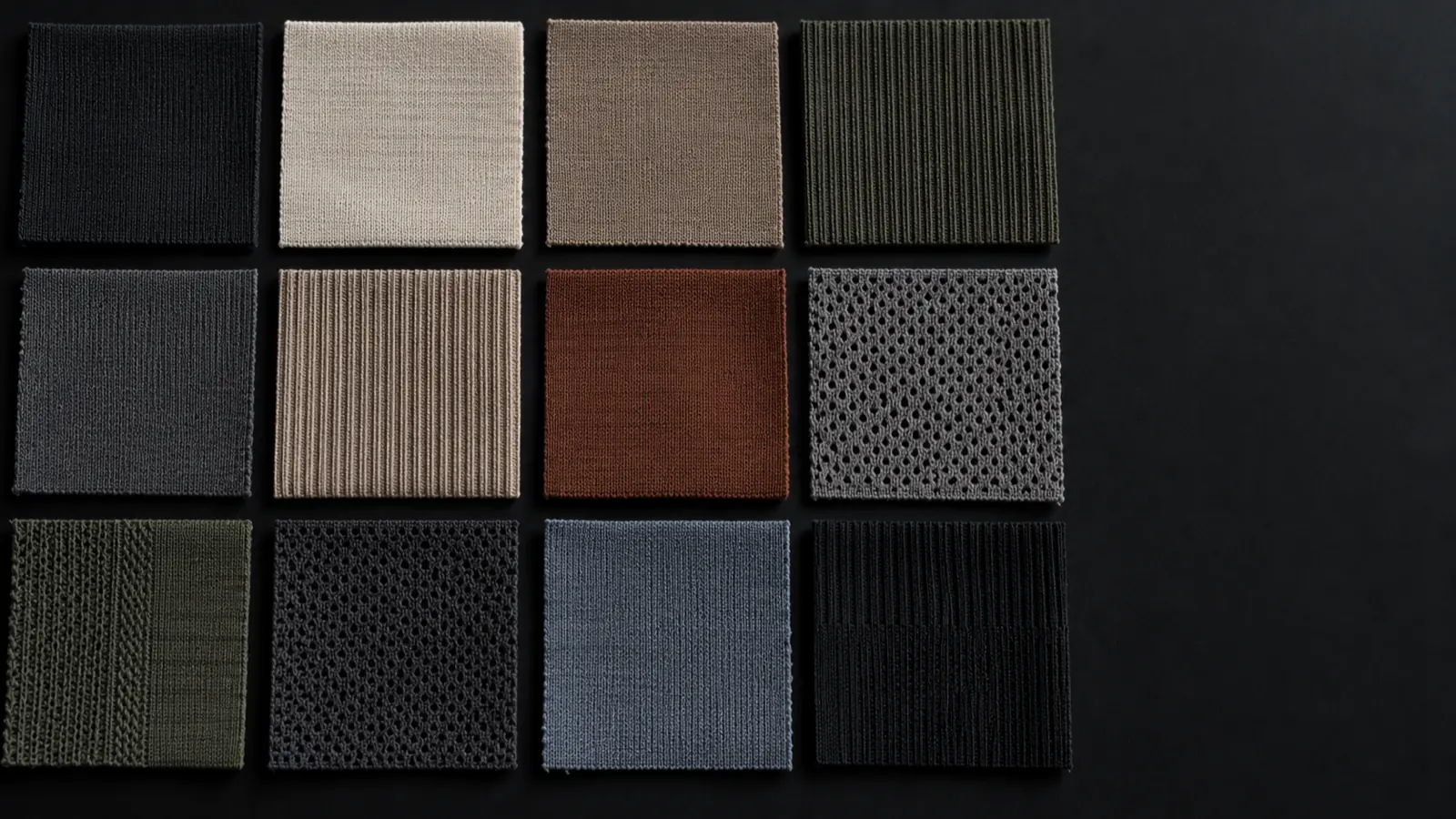 Flat lay of seamless knit fabric swatches in different structures and muted shades