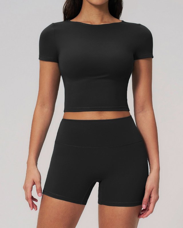 Quick Dry Short Sleeve Hip Lifting Ruched Yoga Set