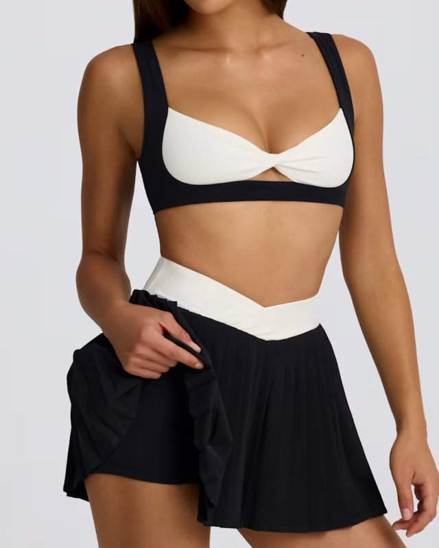 Color Block Sleeveless Pleated Skirt Golf Tennis Set