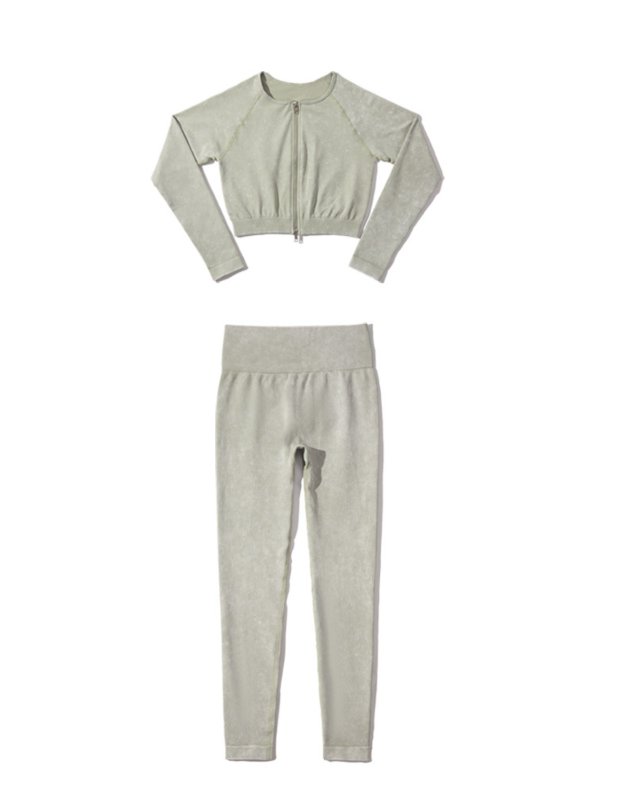 Seamless Washed Denim-Like Double Zipper Long Sleeve Yoga Set