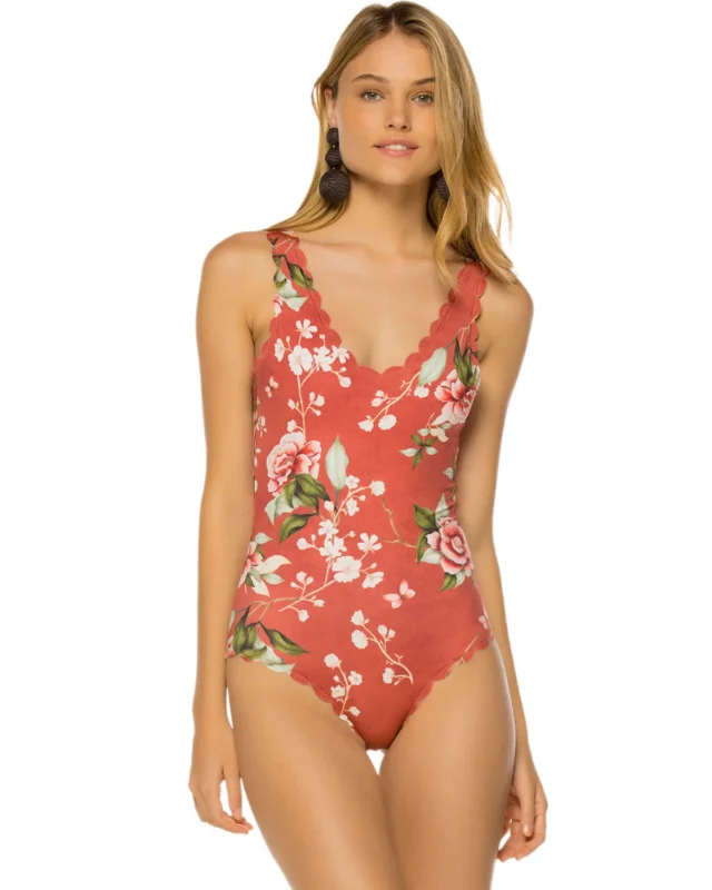 Laser Cut Printed Backless One Piece Swimsuit