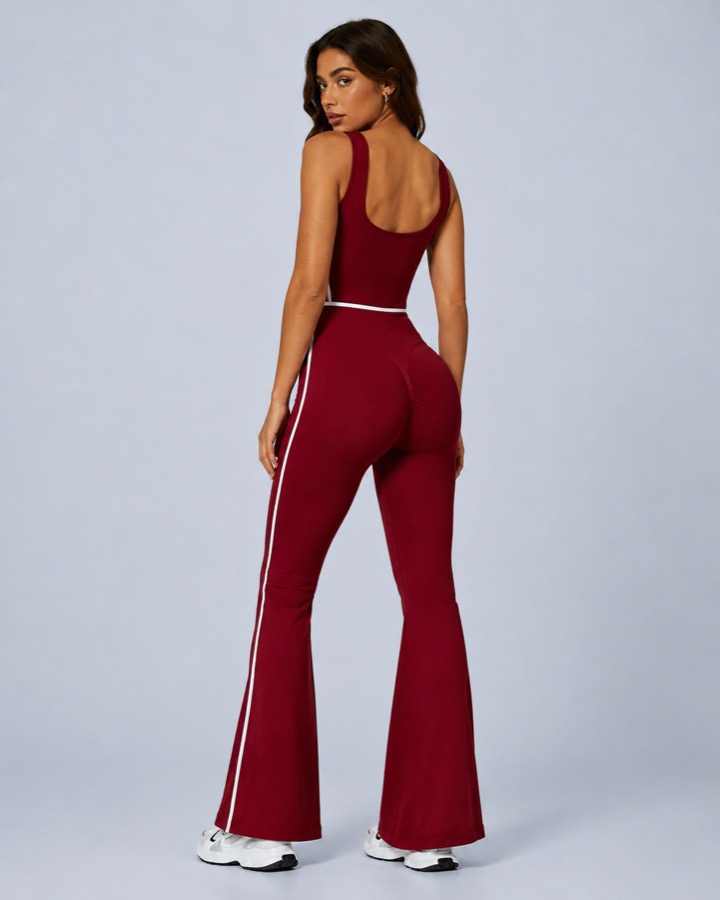 Seamless scoop-back flare activewear jumpsuit in crimson