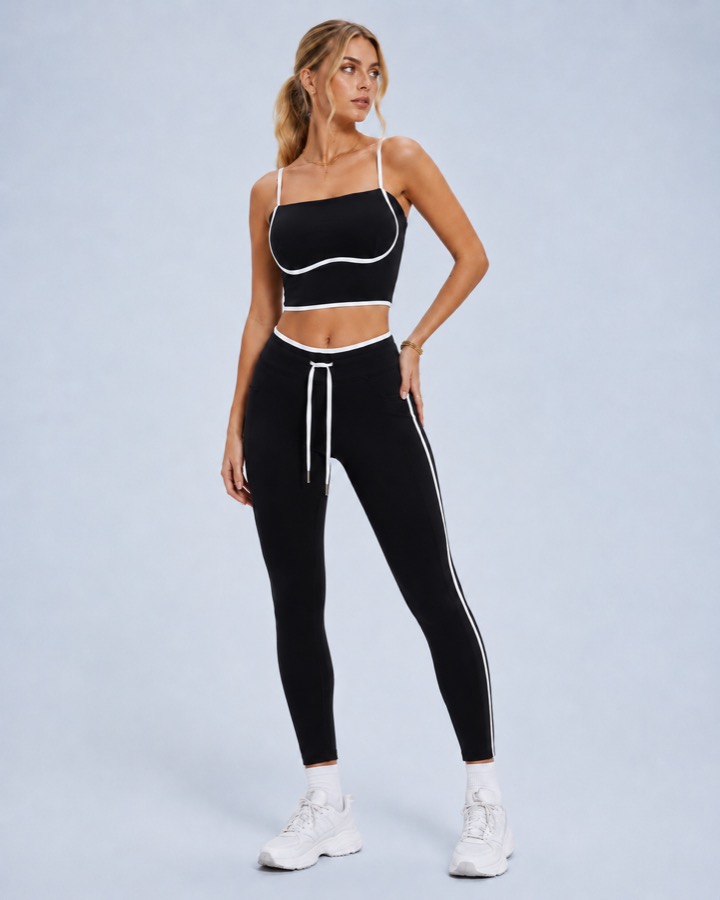Cut-and-sew contrast-piping crop top and high-waist leggings set