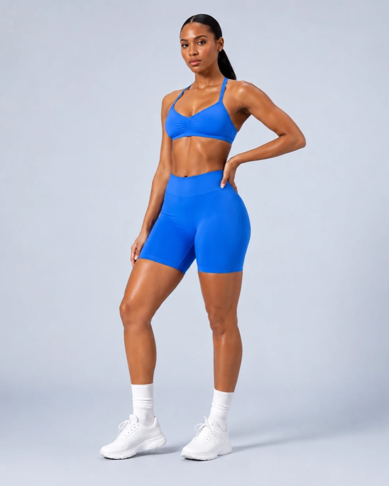 Cobalt seamless strappy bra and high-waist biker shorts set